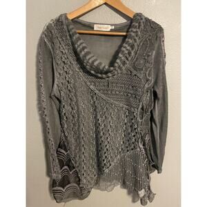 Simply Couture Top Womens Medium Gray Cowl Neck Crochet Asymmetrical Hem Boho